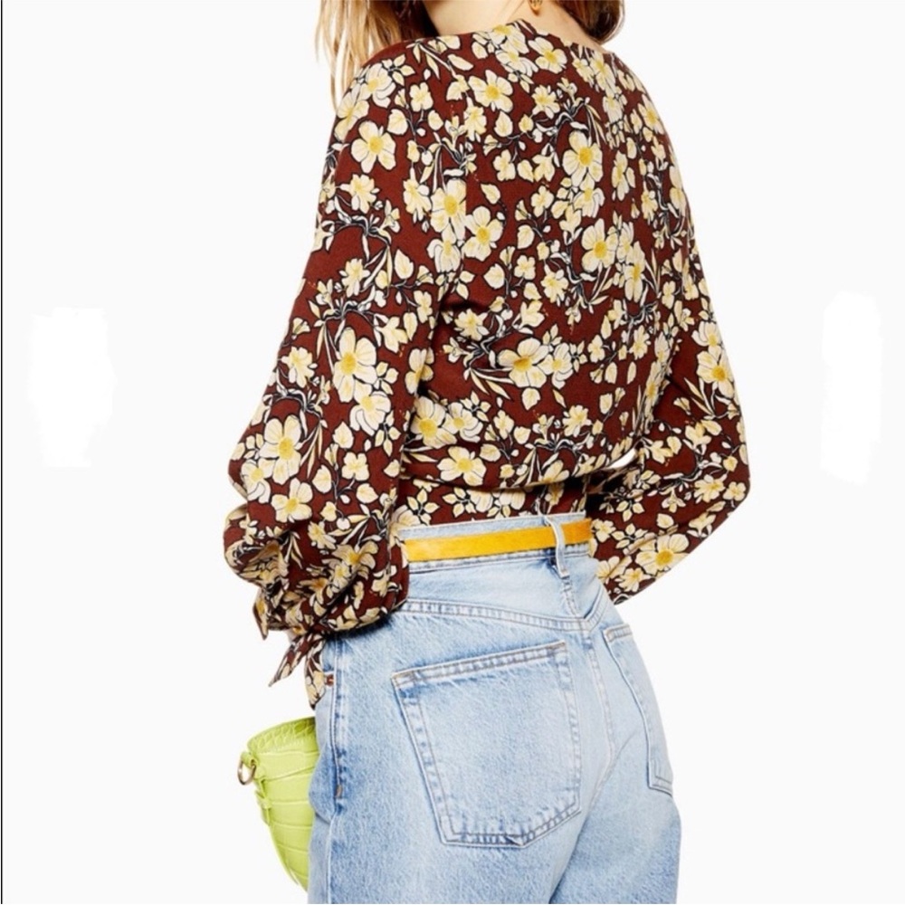 Topshop Floral Brown and Yellow Wrap Blouse - Picture 2 of 6